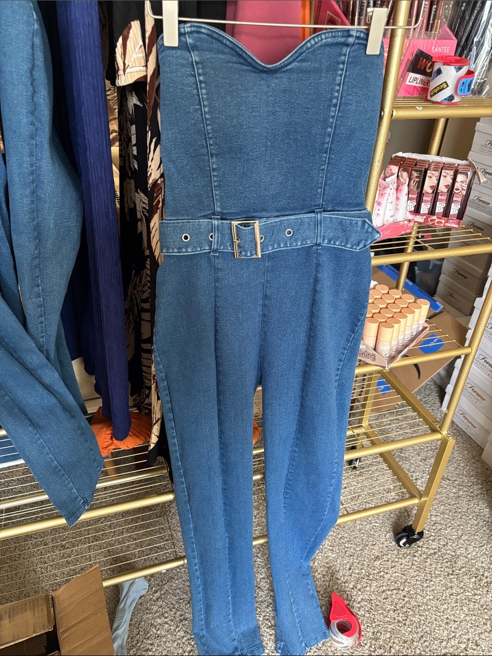 Haute Monde Blue Strapless Denim Belted Overalls